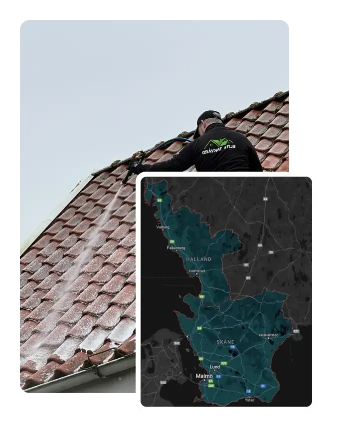Taktvätt av tegeltak i Skåne och Halland för att ta bort mossa, alger och smuts.